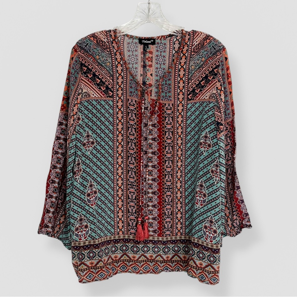 Tolani Size Large Silk Peasant Blouse Mixed Print Colorful Tassels Lightweight